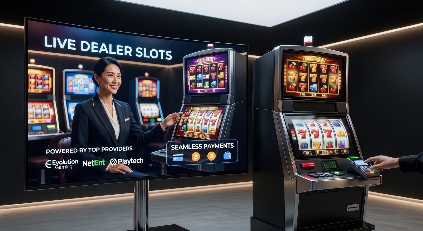 Live-Dealer-Slot-Session mit Dealerin vor rotierenden Reels und digitalem Interface, das Echtzeit-Interaktion zeigt