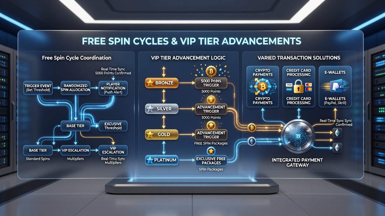 Illustration der technischen Verknüpfung von Free-Spin-Mechaniken und VIP-Systemen in Slot-Plattformen