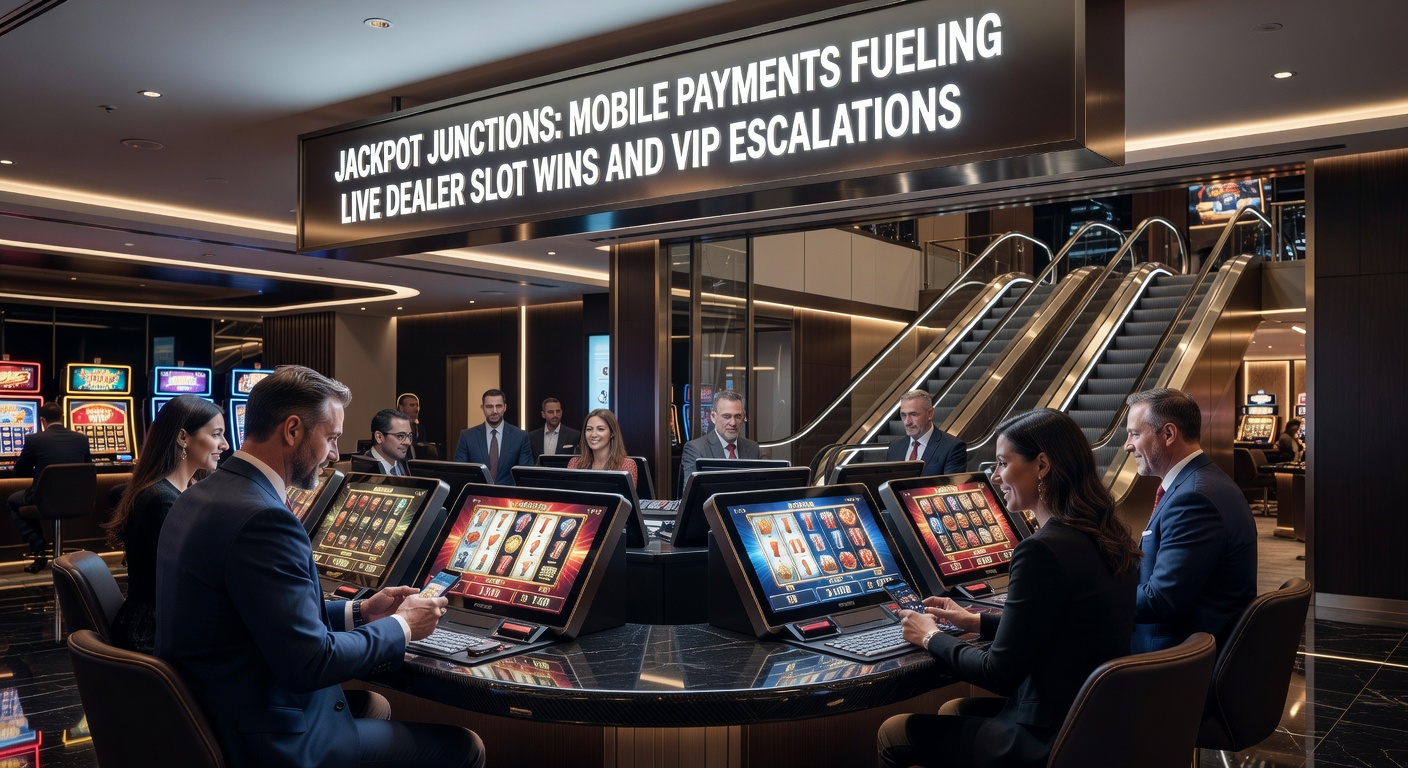 Smartphone mit mobiler Zahlungs-App und leuchtendem Slot-Jackpot im Live-Dealer-Studio, das den Übergang von schnellen Einzahlungen zu hohen Gewinnen symbolisiert