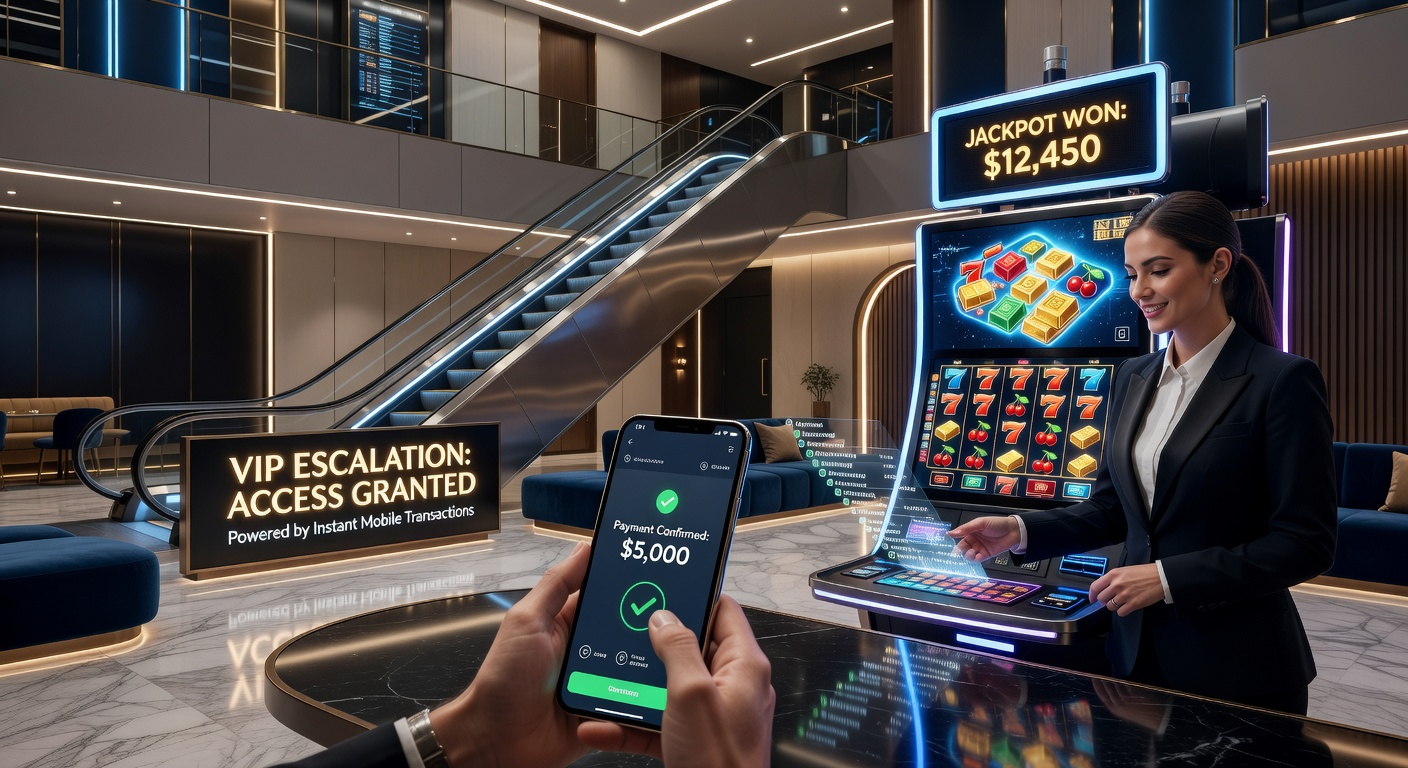VIP-Lounge-Szene mit Smartphone-Zahlung, goldenen Chips und explodierendem Slot-Jackpot, der den Escalation-Effekt von Mobile Payments illustriert