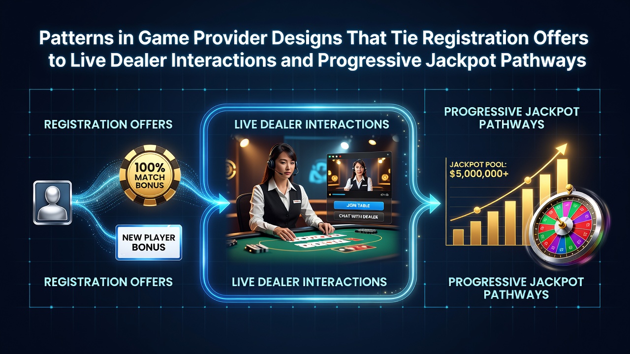 Illustration von Spielanbieter-Designmustern die Registrierungsangebote mit Live-Dealer und progressiven Jackpots verbinden