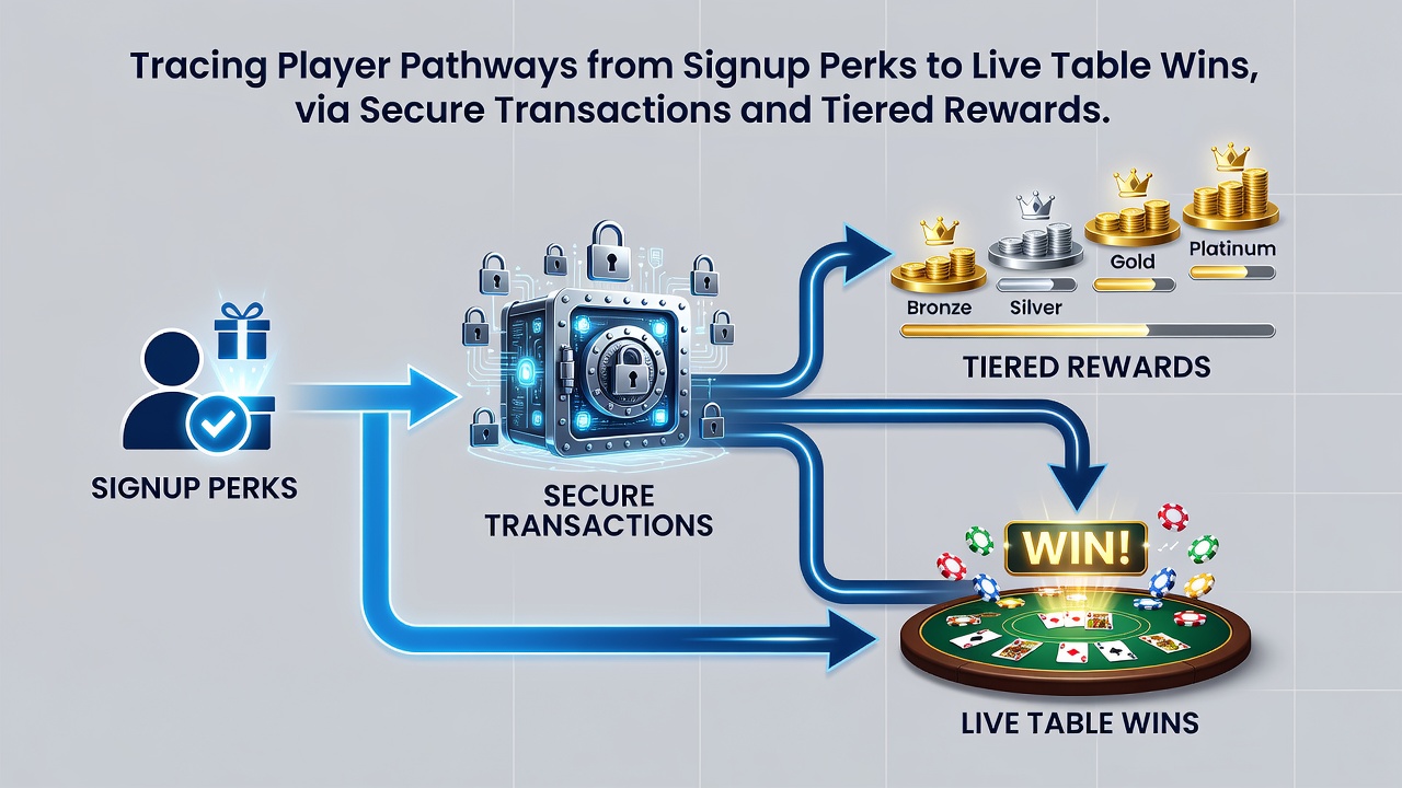 Visualisierung von gestaffelten Belohnungssystemen mit Verbindungen zu Live-Dealer-Tischen und Transaktionssicherheit